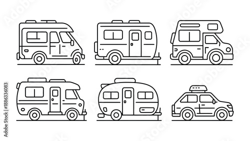 Collection of Illustrated Motorhomes: A meticulously curated series of sleek motorhome illustrations, designed to captivate and inspire. Each vehicle, embodying the spirit of wanderlust.