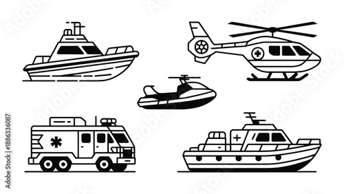 Transportation Icons: a collection of five line art illustrations showcasing various modes of transportation. 