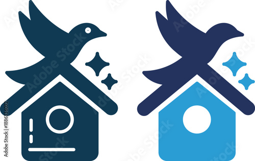 Bird care visual set combining silhouette and flat elements of home structure with nesting bird