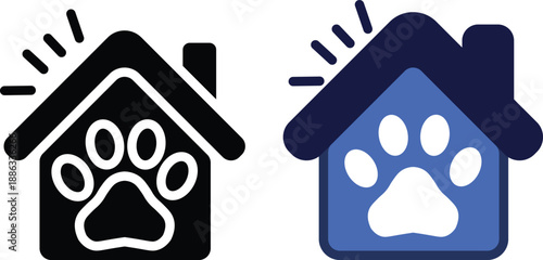 Dog shelter visual set combining silhouette and flat elements of home merged with playful dog paw
