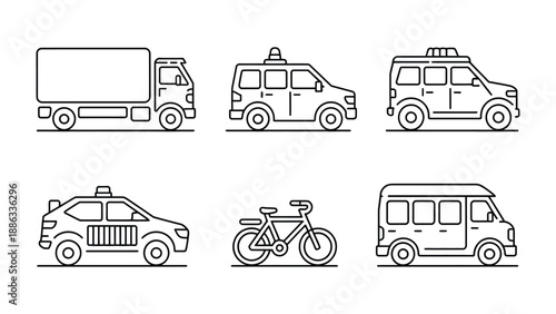 Vehicle Icons: A collection of sleek, minimalist line art icons showcases various modes of transportation, each representing a distinct vehicle type.