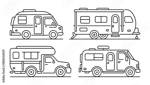 Camping Caravans: Detailed illustration showcasing various campervans in an outdoor adventure style, ideal for travel and exploration.