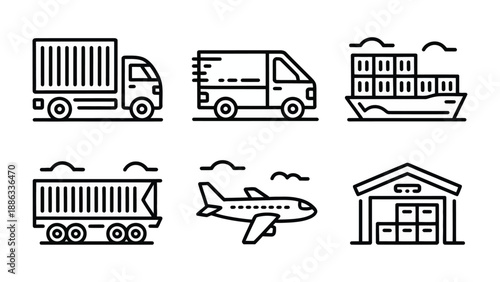Logistics in Lines: An array of transportation icons, including truck, van, ship, plane and warehouse that symbolizes global mobility and delivery efficiency.