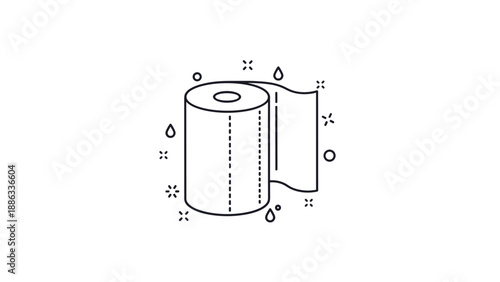 Simple line drawing of a roll of toilet paper or paper towels with water drops representing hygiene and sanitary products.
