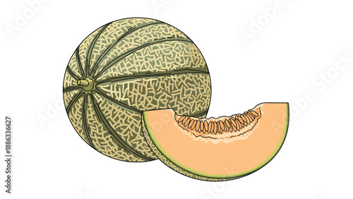 Whole cantaloupe melon with its distinctive textured rind and a fresh juicy slice showing seeds inside isolated on white background.