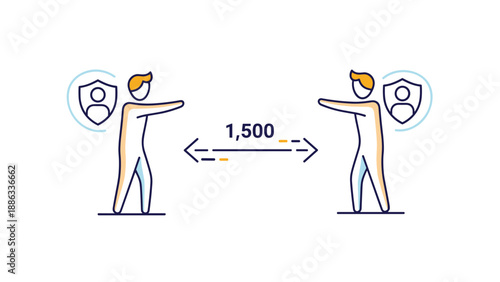 Infographic illustrating social distancing of one thousand five hundred millimeters between two people for safety.