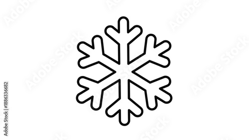 Symmetrical black and white snowflake icon representing winter, cold weather, and festive holiday seasons on white background.