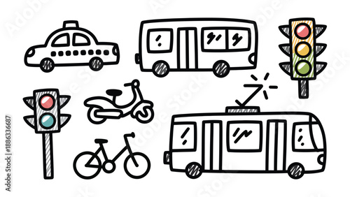 Urban Transportation Icons: A set of simple, hand-drawn icons of different transport vehicles, perfect for illustrating the various modes of city transportation, featuring a taxi, bus, traffic light.