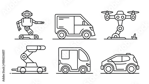 Automated Vehicle and Robotic Icons: A modern illustration depicting diverse automated vehicles and robotic entities.