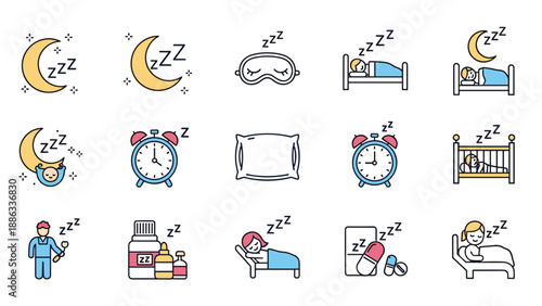 Collection of icons related to sleep and bedtime including comfortable beds, alarm clocks, moons, and protective sleep masks.