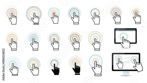 Comprehensive set of touch screen gesture icons including clicking and scrolling on mobile and computer screens.
