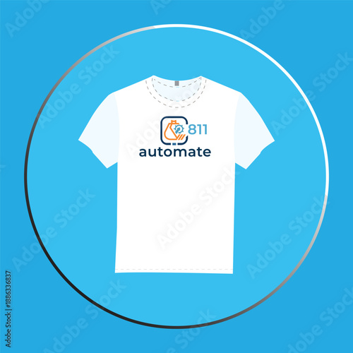 White T-Shirt Mockup with "811 Automate" Tech Logo on Blue Background Circle.