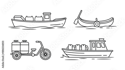 Transportation: A captivating illustration showcases a diverse collection of water transportation vessels and land transport in minimalist line art, evoking the essence of travel, journey.