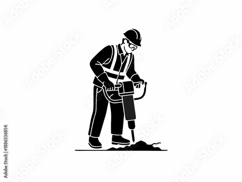 Construction Worker vector silhouette Using Jackhammer Tool for Road Repair Illustration