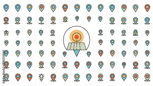 Background pattern consisting of many map location pins with a central magnified pin over a roadmap icon for navigation themes.