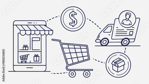 “modern ecommerce icons, shopping cart, payment, delivery, return, outline style, scalable SVG vector”