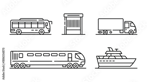 Transportation Icons: A collection of simple, elegant black line icons of various transportation modes, depicting a bus, a bus stop, a truck, a train, and a boat.