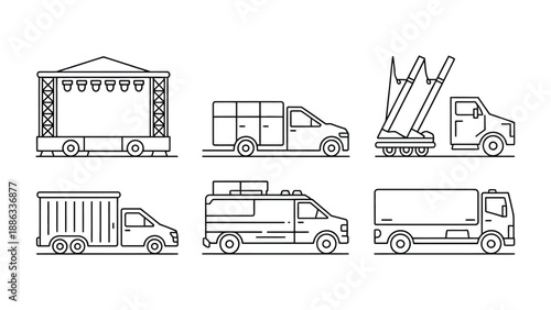 Various Transports: Line art illustrations of diverse vehicles that can be used for transporting goods and people. The illustrations include stage truck, cargo truck, van, and many more.