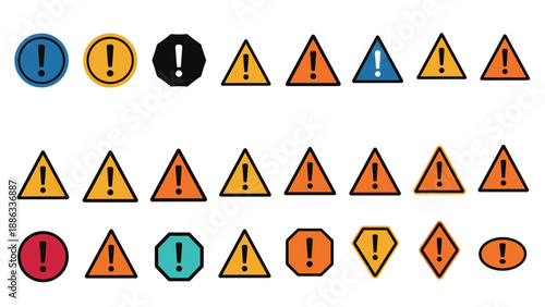 Large set of various warning and exclamation mark icons in different shapes like circles, triangles, and octagons.