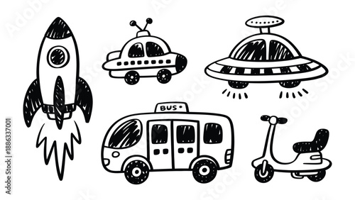 Whimsical Transport Doodle: A playful collection of hand-drawn vehicles takes flight, a charming exploration of movement and design.