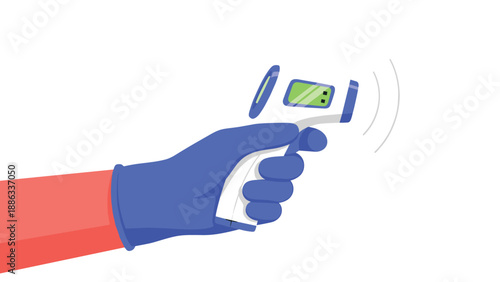 Hand wearing a blue medical glove holding a digital infrared thermometer to measure body temperature for health check.