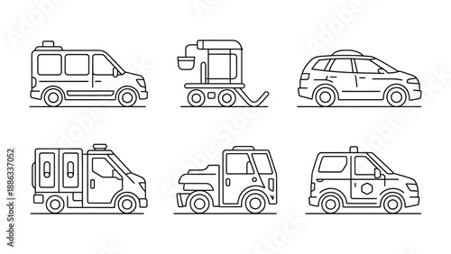 Vehicles Lineup Illustration: A collection of various vehicles, rendered in a clean, minimalist line art style, showcasing their diverse forms and functions.