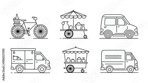 Urban Transportation Array: A collection of various vehicles and transportation methods, ideal for illustrating urban mobility, delivery services, and everyday commuting scenarios.