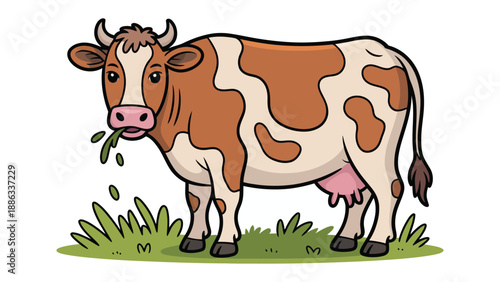 Friendly Cow on a Farm: A charming illustration showcases a friendly cow, grazing peacefully in a grassy field, its distinctive markings and gentle gaze reflecting the serenity of farm life.
