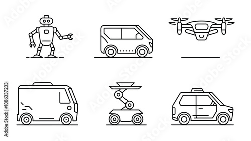 Robotics and Vehicles: A collection of line-drawn icons showcasing the advancements in robotics and transportation, representing various vehicles and automated machines. 