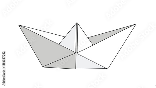 Origami paper boat made of white paper floating on imaginary water for travel and childhood imagination design concept.