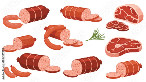 Assorted collection of meat products including sausages, salami, and steak cuts for food market and butcher shop concept.