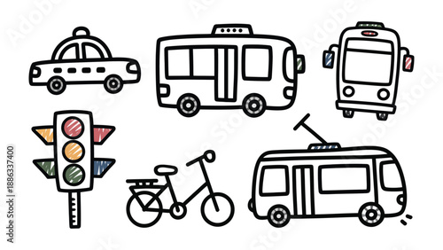 Urban Transportation Doodle Collection: A collection of simple, charming doodles depicts various modes of urban transportation, showcasing the diverse ways people move within a city.