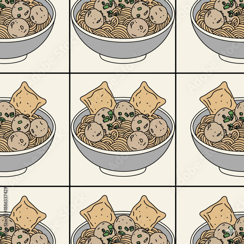 Classic vector illustration of meatballs neatly arranged in a square with noodles, wontons, and celery.
