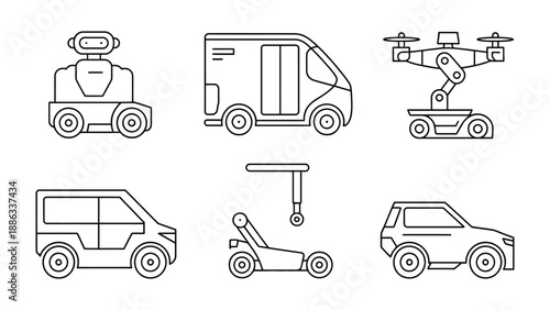 Modern Transport Icons: A set of minimalistic line art icons featuring modern transportation technologies, conveying innovation and progress.