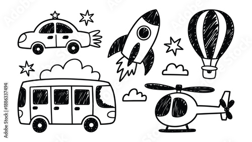 Whimsical Transport Icons: Charming illustrations of vehicles take flight, depicting a playful array of transportation modes.