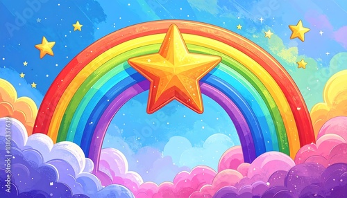 Vibrant Rainbow and Star Illustration with Dreamy Clouds and Sky.