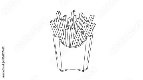 Black and white line drawing of a container of french fries for fast food restaurant menu and snack coloring book concept.