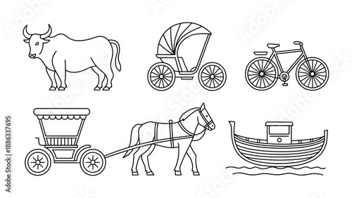 Ancient Transportation Icons: A curated collection of vintage transportation illustrations in a monochrome palette, perfect for evoking a sense of history and nostalgia.