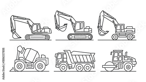 Construction Machinery Collection: An outlined compilation of construction machinery, including excavators, a concrete mixer truck, a dump truck, and a road roller.
