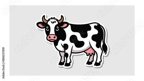 The Gentle Dairy Cow: A charming cartoon of a black and white cow stands, exuding a sense of calmness.