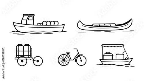 Transportation Illustrations: A diverse array of transportation methods, meticulously illustrated in a clean, minimal, and linear style, offering a visual journey across varied means of conveyance.