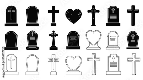 Collection of cemetery headstone silhouettes and line icons for memory, mourning, and funeral service design concept.