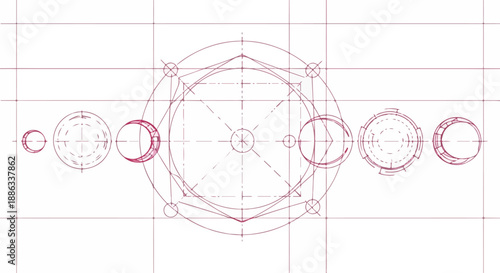 Geometric blueprint of celestial bodies and cosmic patterns, scientific illustration with astronomical symbols and design elements.