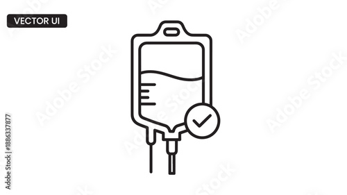 a black line drawing of an intravenous iv bag with a checkmark high quality professional detailed