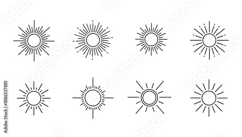 Set of various linear sunburst and sun ray icons for morning weather, bright energy, and summer sunrise design concept.