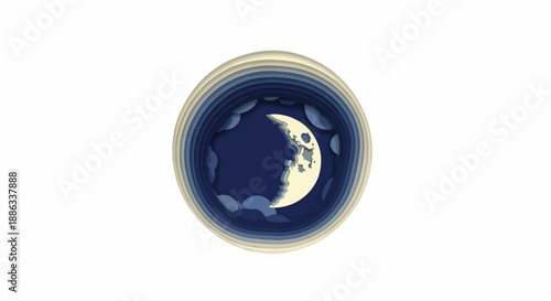 Layered paper art of a crescent moon in a dark blue night sky with clouds, circular design