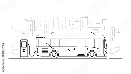Electric Bus Charging: A sleek electric bus is recharging at a charging station, set against the backdrop of a modern city skyline, symbolizing sustainable transport and urban mobility.