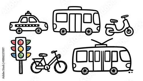 Urban Transportation Sketch: An illustration showcases various modes of urban transportation, highlighting the diverse ways people move within the city.