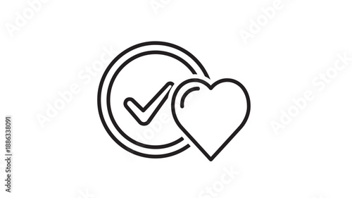 a black and white icon of a heart with a checkmark high quality professional detailed modern