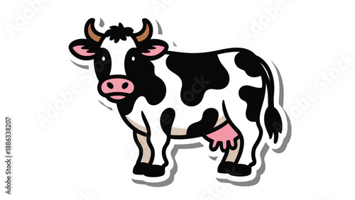 Adorable Dairy Cow: A charming cartoon cow with a classic black and white spotted pattern and gentle, heartwarming expression.
